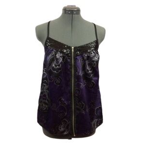 CHARLOTTE RUSSE Purple & Black Shiny, Sequin Trim Zip Up Tank Top, Size S